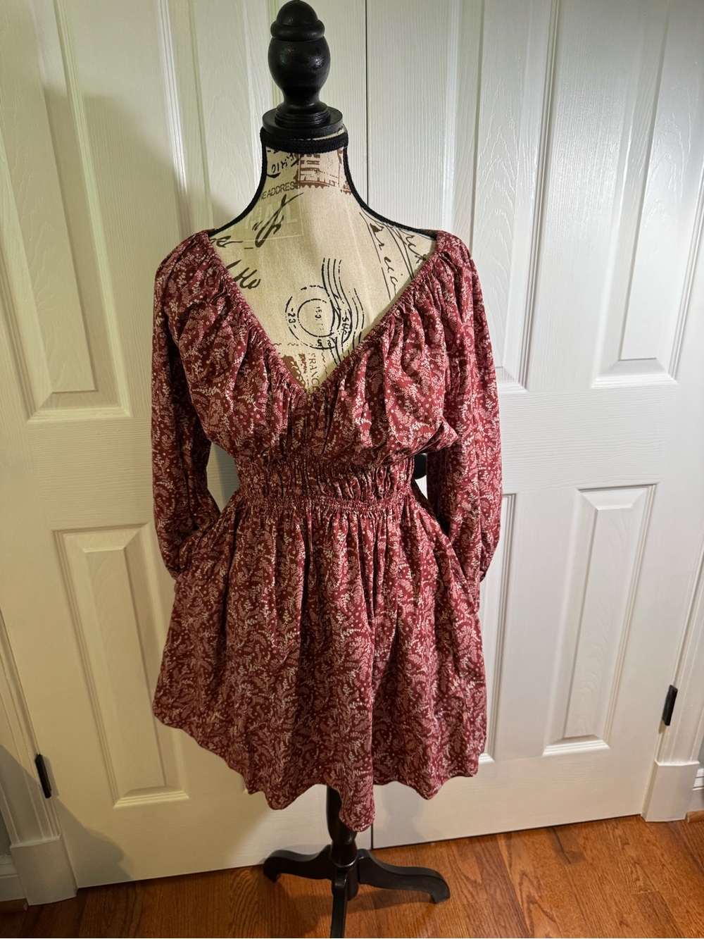 Madewell Women’s Mini Dress Burgundy Floral Smocked Waist Size 0